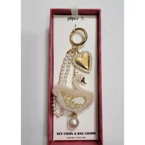 Piper K Swan Pearls Keychain Bag Charm Chain Gold Heart Rhinestones Boxed Gift